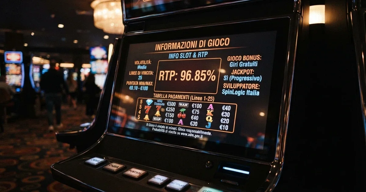 Il pannello informazioni di una slot machine con la percentuale RTP in evidenza sullo schermo