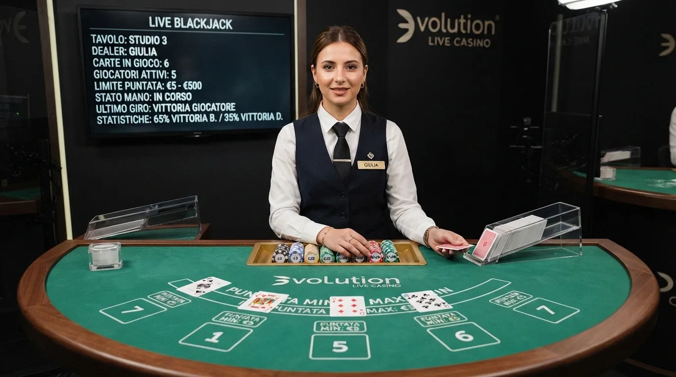 Un tavolo da blackjack live con dealer e interfaccia utente che mostra le statistiche di gioco