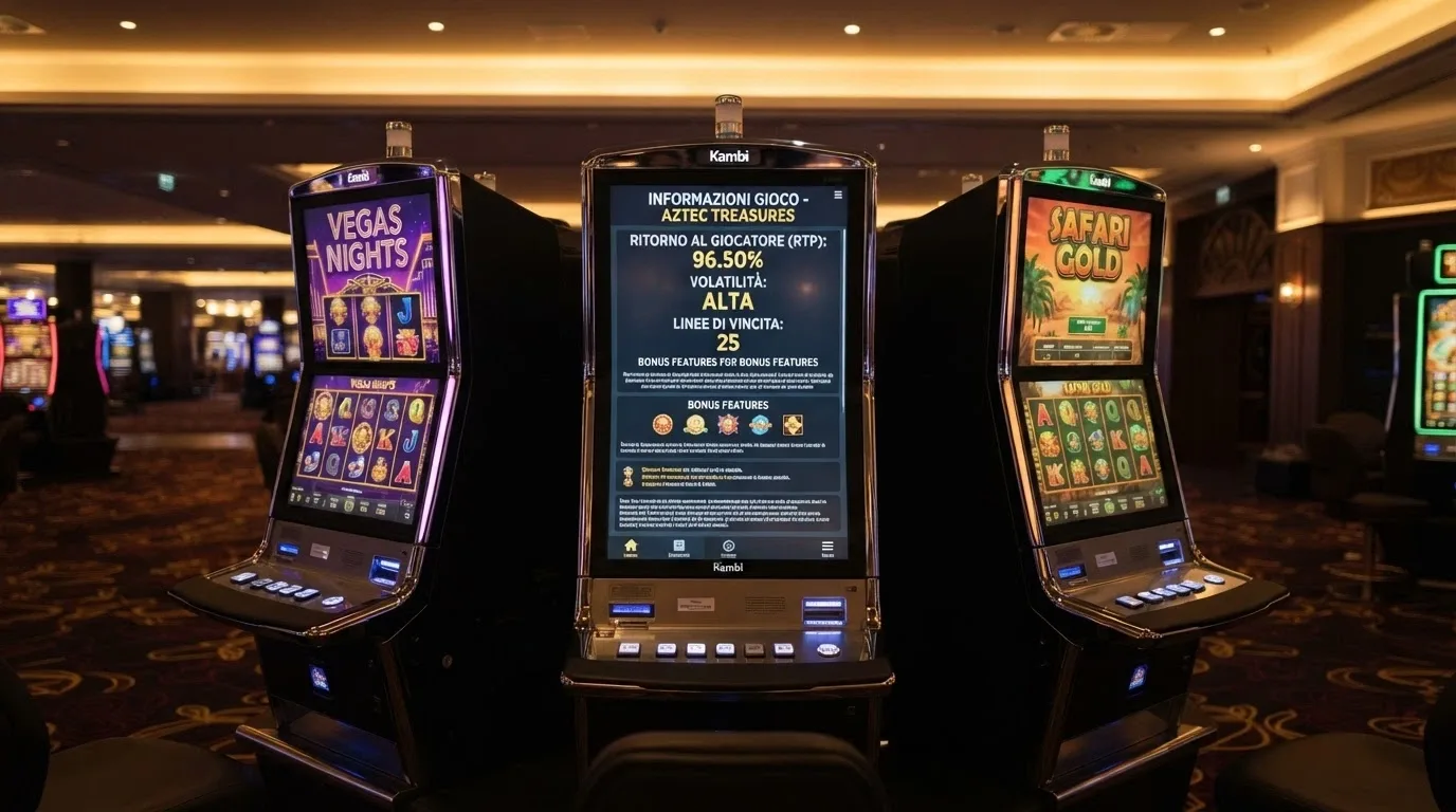 Una selezione di slot machine con le schede RTP in primo piano su sfondo di casinò