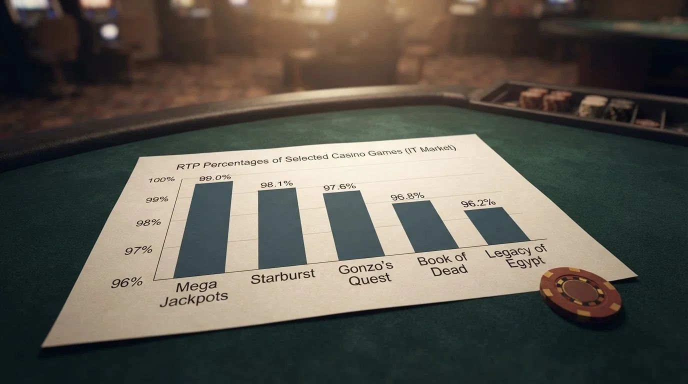 Una tabella con slot, provider, RTP, volatilità e vincita massima disposta su uno sfondo da casinò
